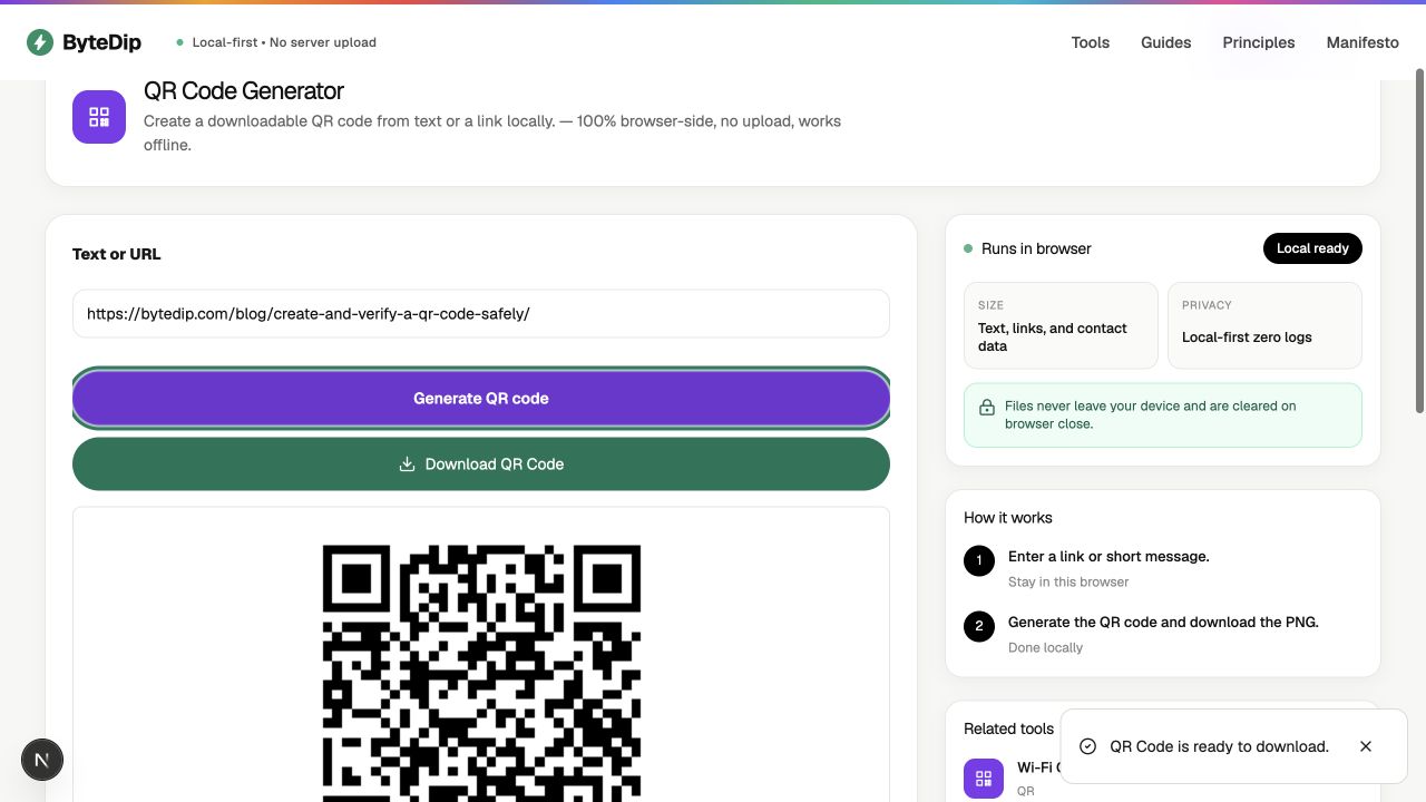 ByteDip QR Code Generator showing a URL, a generated QR code, and the download action