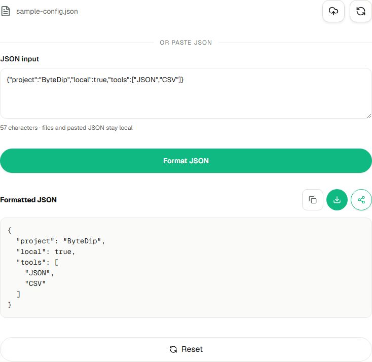 ByteDip JSON Formatter showing an uploaded JSON file, its readable input, and an indented formatted result with copy and download actions